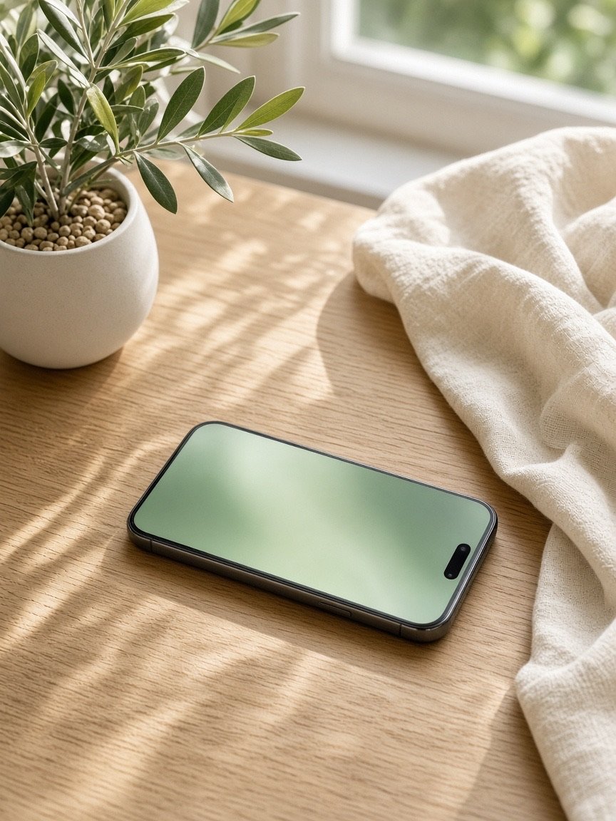 A phone in morning light on a pale wooden desk, beside a small olive plant.